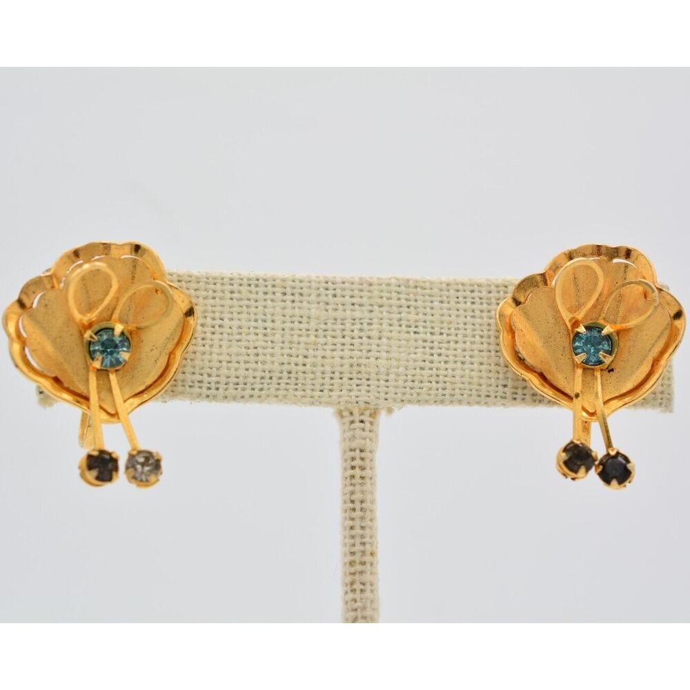 Bugbee Niles Vintage Flower Earrings Gold Mesh Screw Back Crystal Signed BinAV